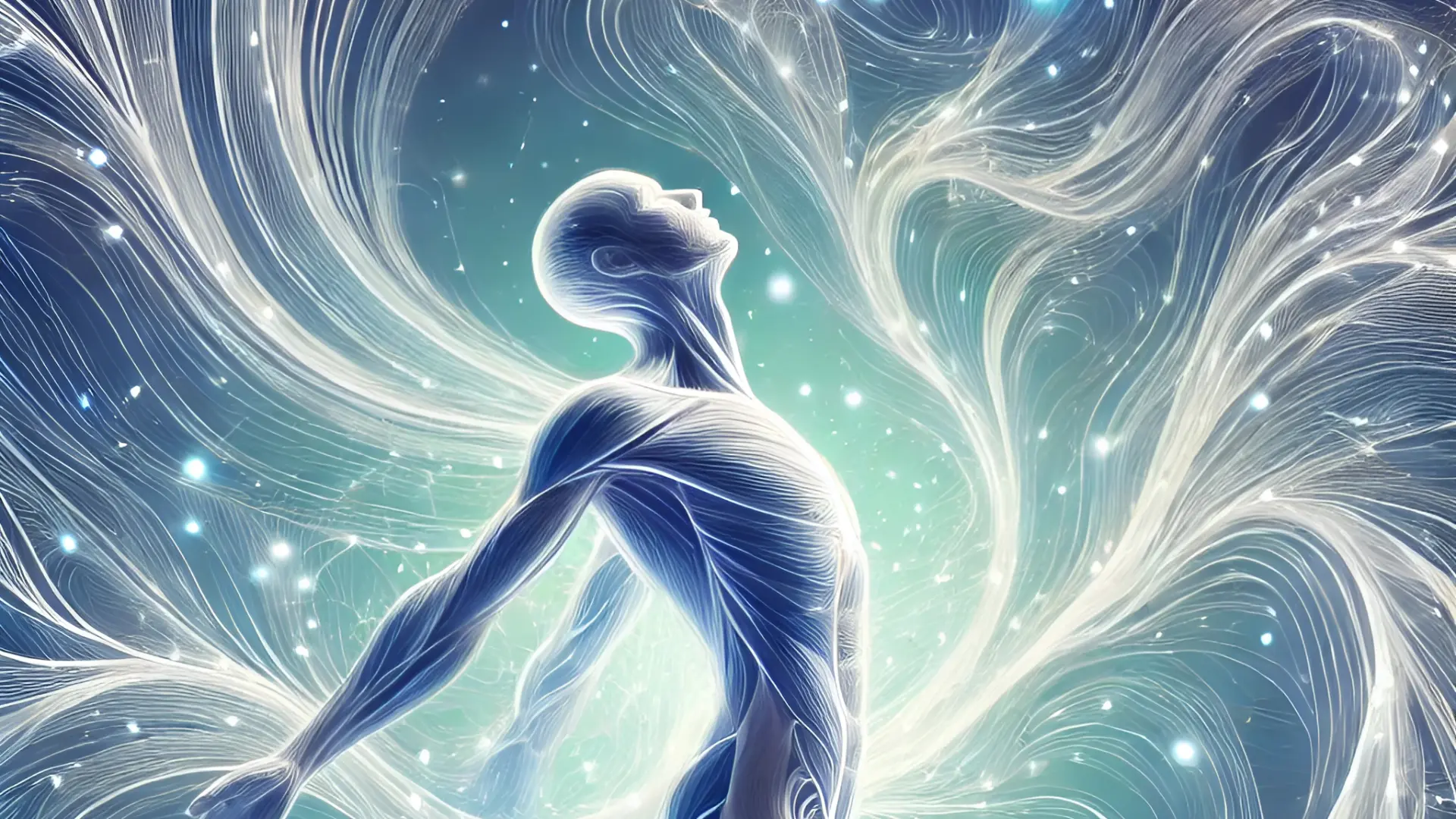 Symboliczna postać zanurzona w energetycznym przepływie, obrazująca strukturę powięzi i intuicyjny ruch