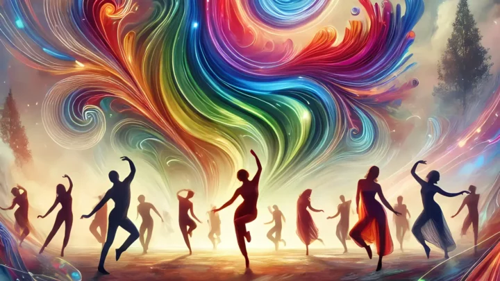 Wizualna reprezentacja zajęć tańca intuicyjnego – wirująca energia kolorów i tańczące postaci