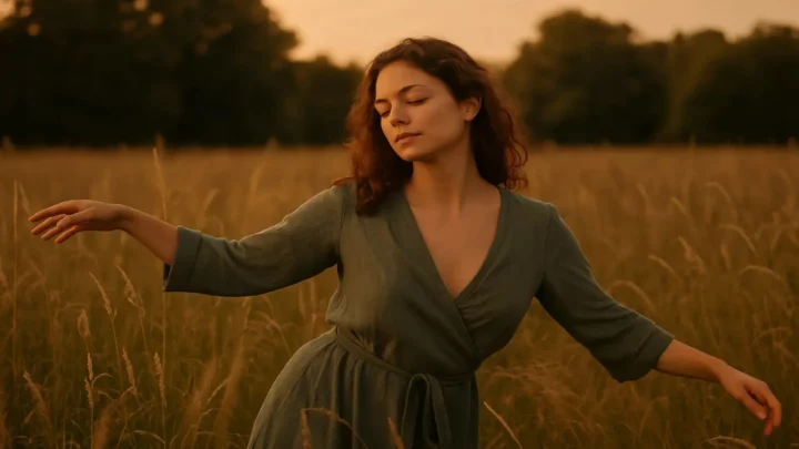 Młoda kobieta w zielonej sukni stoi pośród wysokich traw o zachodzie słońca, z zamkniętymi oczami i spokojnym wyrazem twarzy. Jej ciało emanuje spokojem i ugruntowaniem.