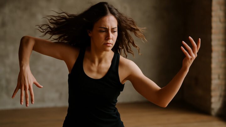 Kobieta w czarnym stroju w dynamicznym ruchu, z rozwianymi włosami i skupionym wyrazem twarzy, wykonuje ekspresyjny gest w jasnym, industrialnym wnętrzu