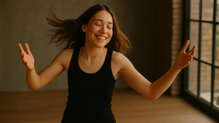 Uśmiechnięta kobieta w czarnym stroju tańczy z lekkością i radością przy dużym oknie – wyrażając twórczą energię poprzez ruch.
