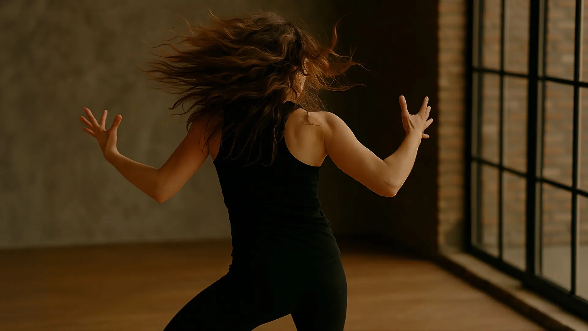 Kobieta w czarnym stroju wykonuje ekspresyjny ruch podczas tańca intuicyjnego w przestrzeni z dużymi oknami i ciepłym światłem.