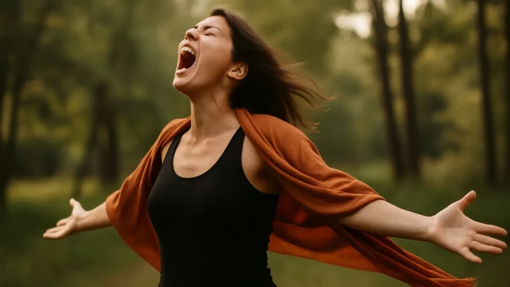 Kobieta wyrażająca emocje przez krzyk podczas warsztatu rozwoju osobistego.