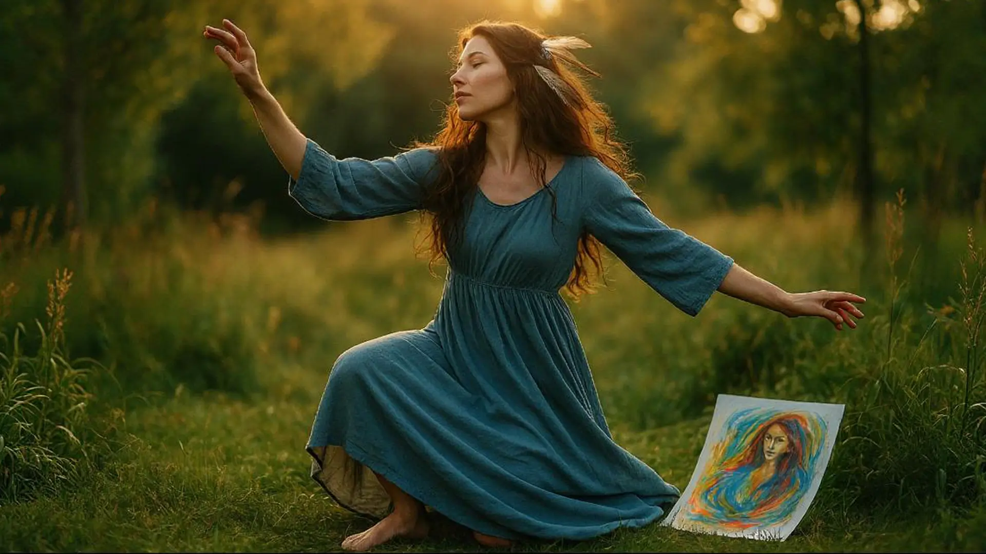 Kobieta w zwiewnej, turkusowej sukni tańczy na łące o zachodzie słońca; w splątanych włosach ma pióra, jedna dłoń uniesiona, druga wyciągnięta w bok. Obok na trawie leży ekspresyjny, kolorowy portret kobiety namalowany pastelami.