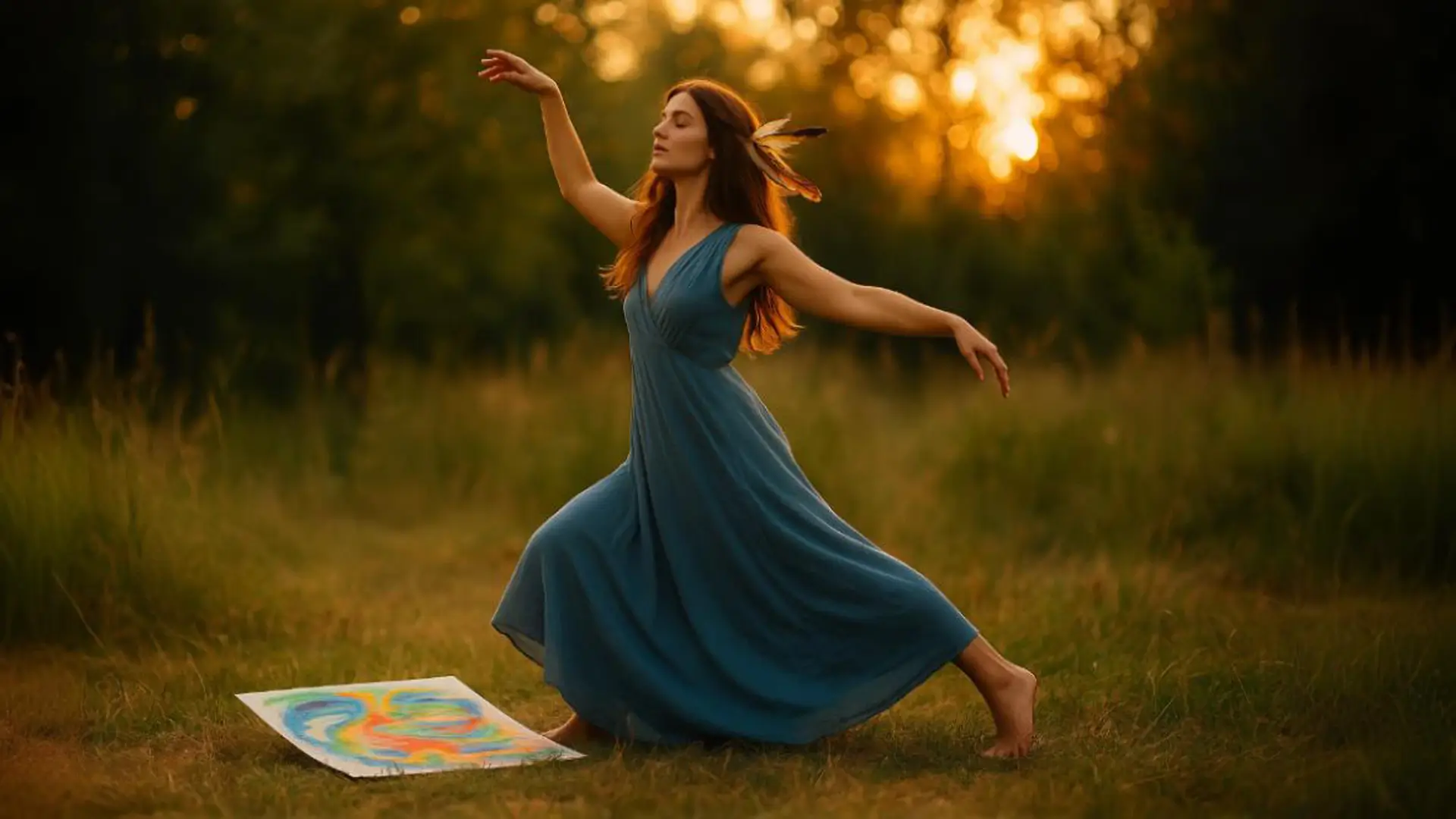 Kobieta w zwiewnej, niebieskiej sukni tańczy boso na łące o zachodzie słońca; w włosach ma pióra, a u jej stóp leży abstrakcyjny, kolorowy obrazek .